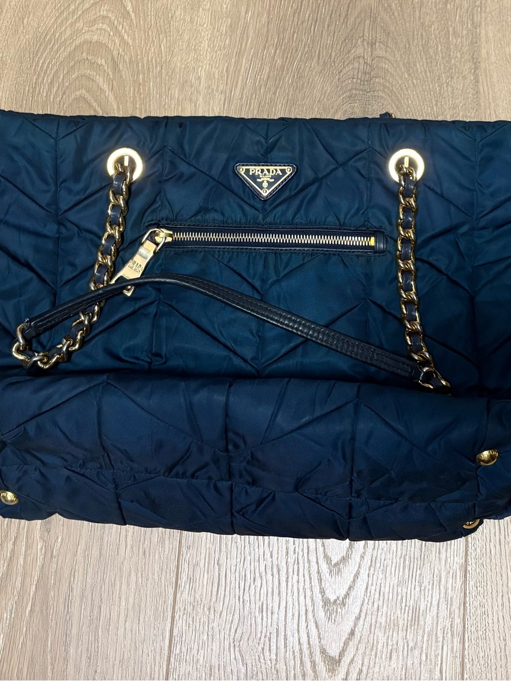 Authentic Prada Navy Quilted Nylon Shoulder Bag with Gold Chain